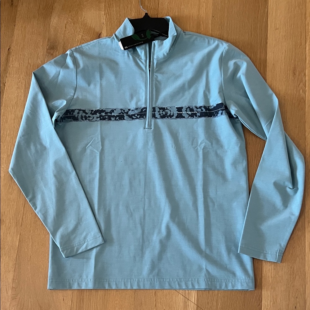 Travis Mathew light blue Pullover with Black Patterned Stripe